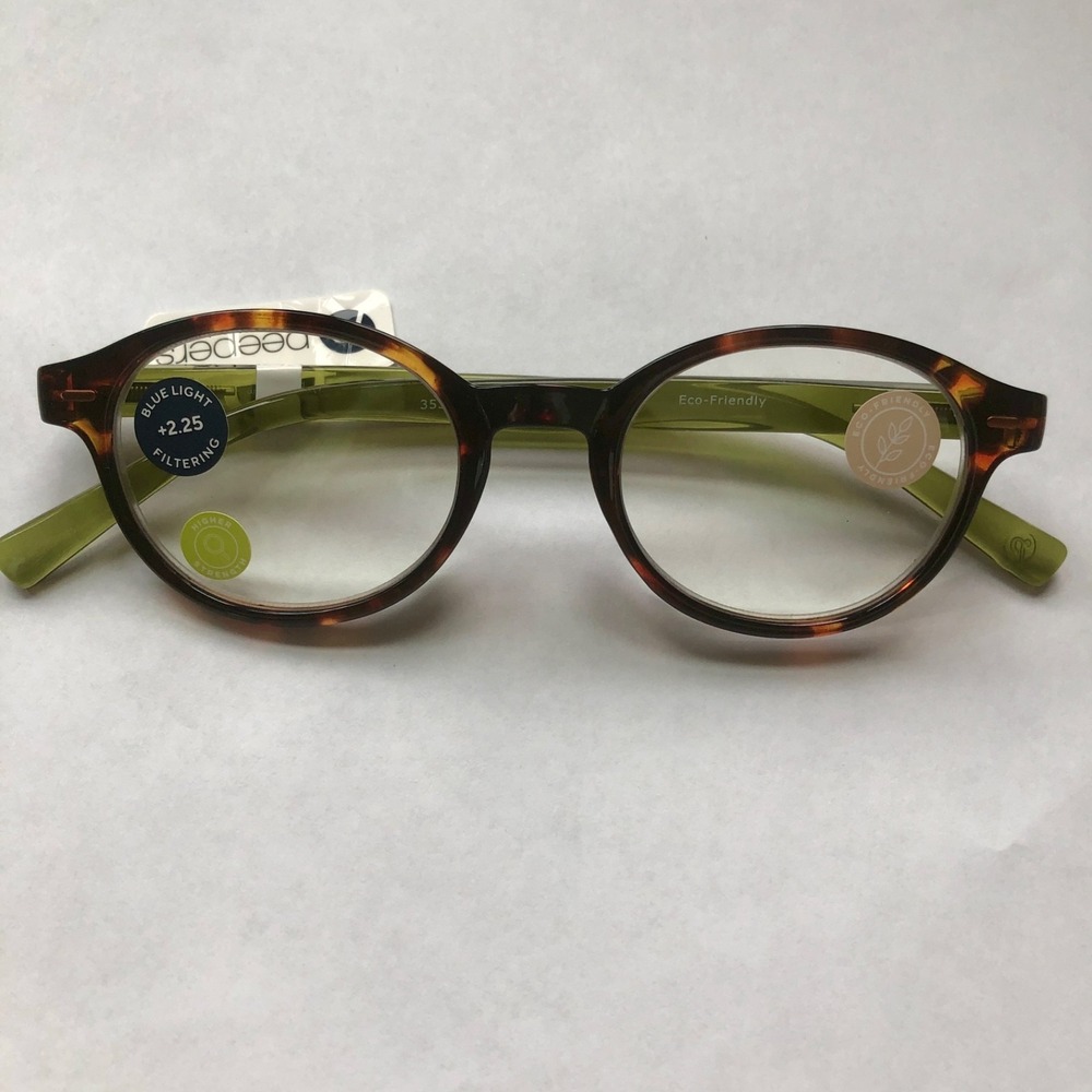 New Peepers Round Tortoise Green‎ Blue Light Reading Glasses +2.25